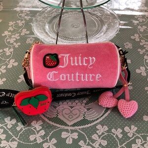 Juicy Couture Pink Velvet Barrel Bag with Heart Charm and Strawberry Pouch